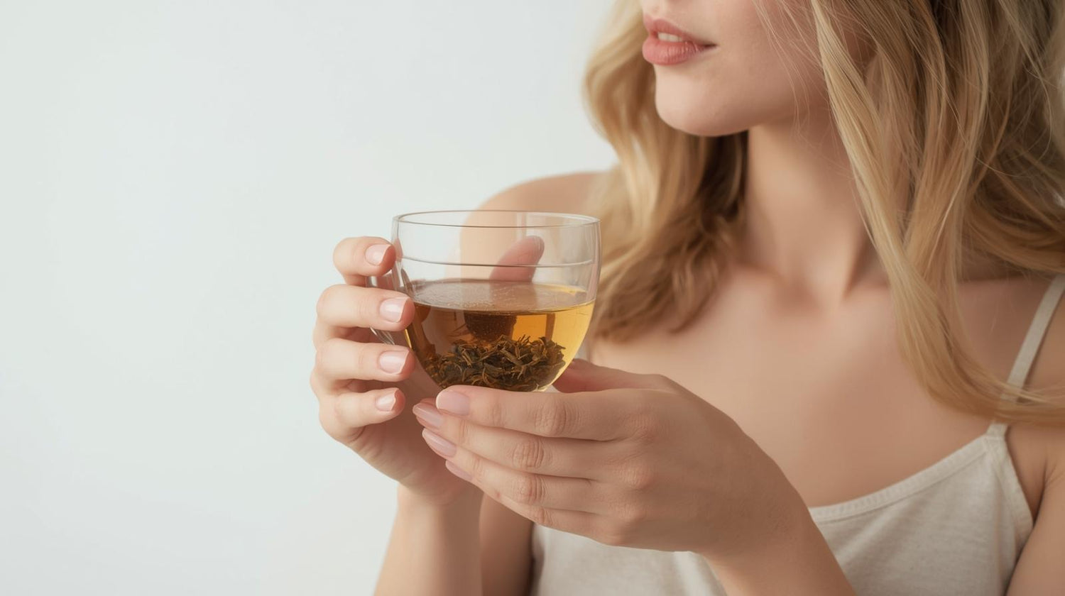 Blonde woman holding a glass tea cup drinking herbal tea in a glass tea cup